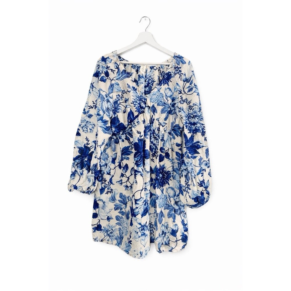 ✿ H&M Blue White Floral Tunic Dress Linen Blend Boho Long Sleeve Size S